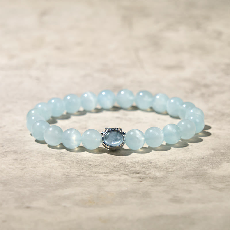 Buddha Stones Natural Aquamarine Lucky Cat Peace Bracelet - Aquamarine(Wrist Circumference: 14-16cm) - image 1
