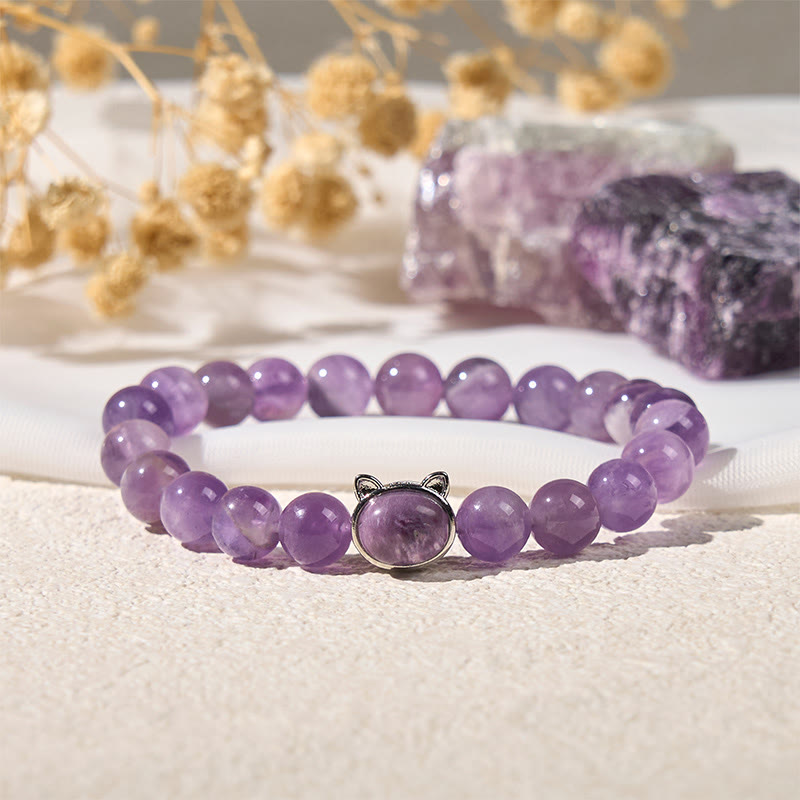Buddha Stones Cute Cat Face Amethyst Relieves Stress Bracelet - image 1