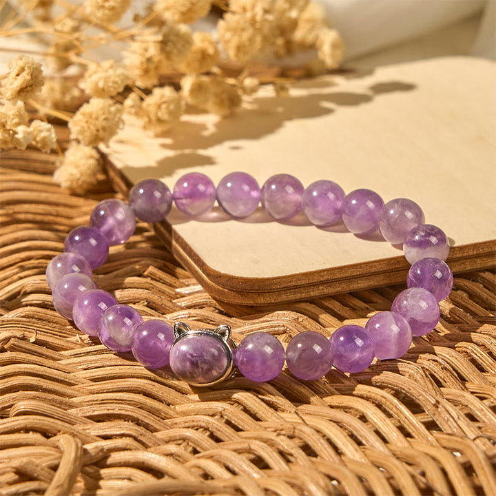 Buddha Stones Cute Cat Face Amethyst Relieves Stress Bracelet - image 2