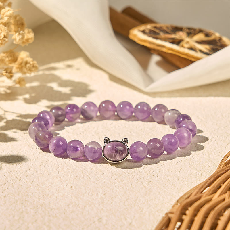 Buddha Stones Cute Cat Face Amethyst Relieves Stress Bracelet - Amethyst(Wrist Circumference:14-16cm) - image 1