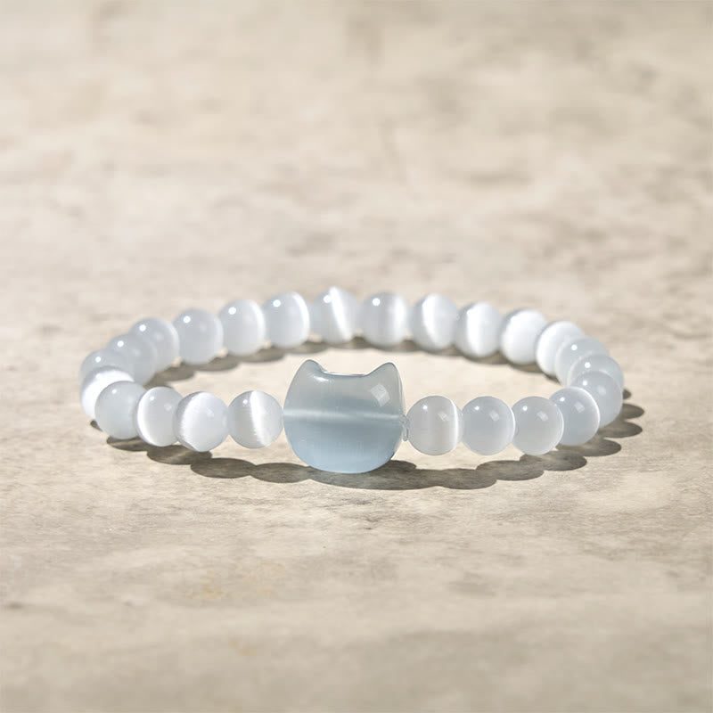 Buddha Stones Lovely Cat Head Pink Cat's Eye White Cat's Eye Spiritual Beads Bracelet - White Cat's Eye(Wrist Circumference:15-20cm) - image 8