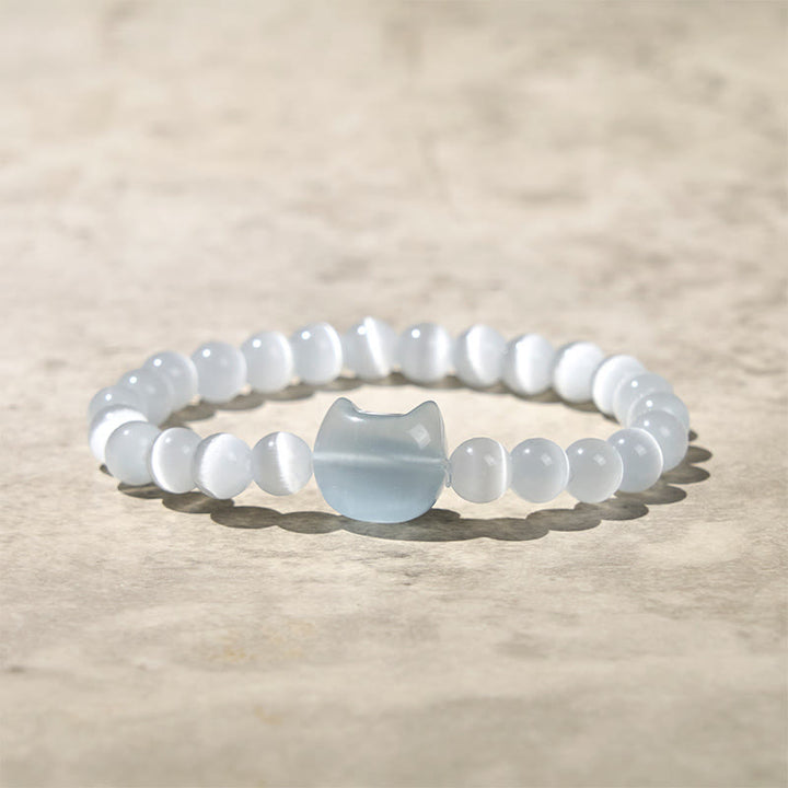 Buddha Stones Lovely Cat Head Pink Cat's Eye White Cat's Eye Spiritual Beads Bracelet - White Cat's Eye(Wrist Circumference:15-20cm) - image 8