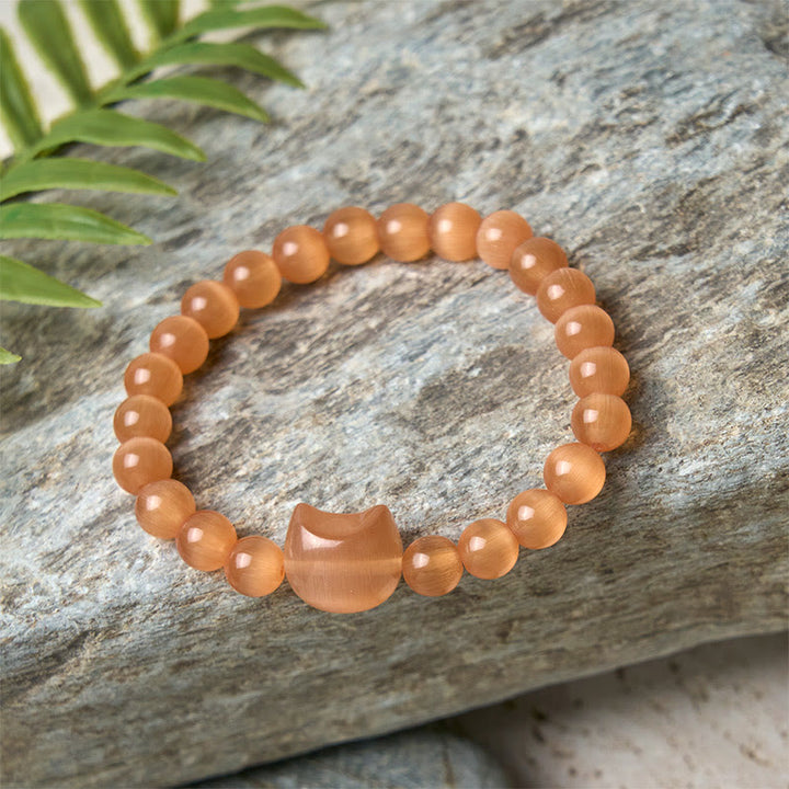 Buddha Stones Lovely Cat Head Pink Cat's Eye White Cat's Eye Spiritual Beads Bracelet - image 19