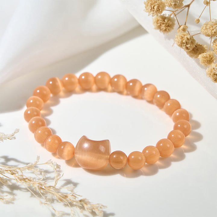 Buddha Stones Lovely Cat Head Pink Cat's Eye White Cat's Eye Spiritual Beads Bracelet - image 15