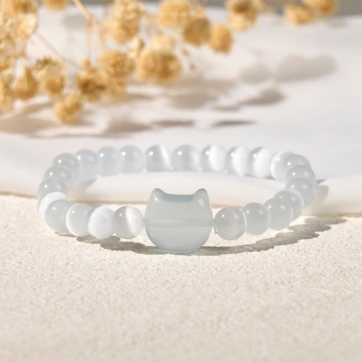 Buddha Stones Lovely Cat Head Pink Cat's Eye White Cat's Eye Spiritual Beads Bracelet - image 9