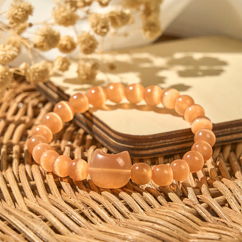 Buddha Stones Lovely Cat Head Pink Cat's Eye White Cat's Eye Spiritual Beads Bracelet - image 18