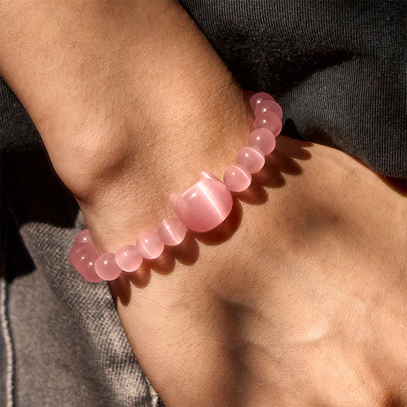 Buddha Stones Lovely Cat Head Pink Cat's Eye White Cat's Eye Spiritual Beads Bracelet - image 6