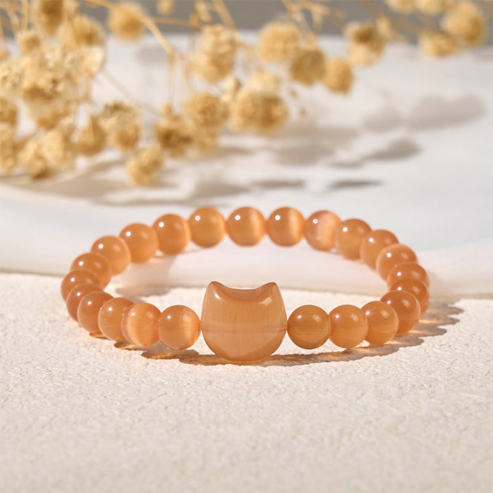 Buddha Stones Lovely Cat Head Pink Cat's Eye White Cat's Eye Spiritual Beads Bracelet - image 16