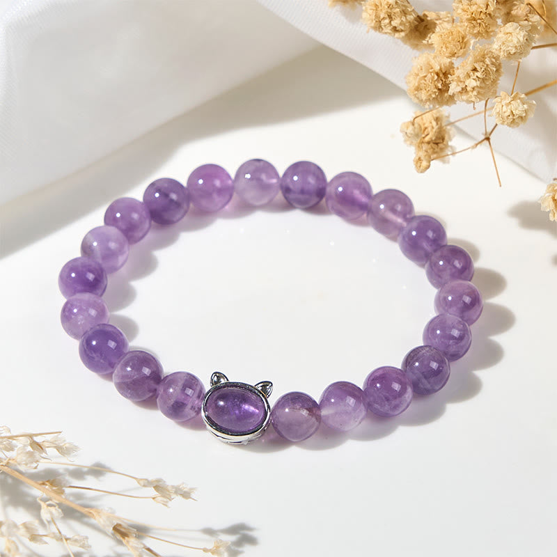 Buddha Stones Natural Amethyst Bead Cute Cat Healing Bracelet - image 1