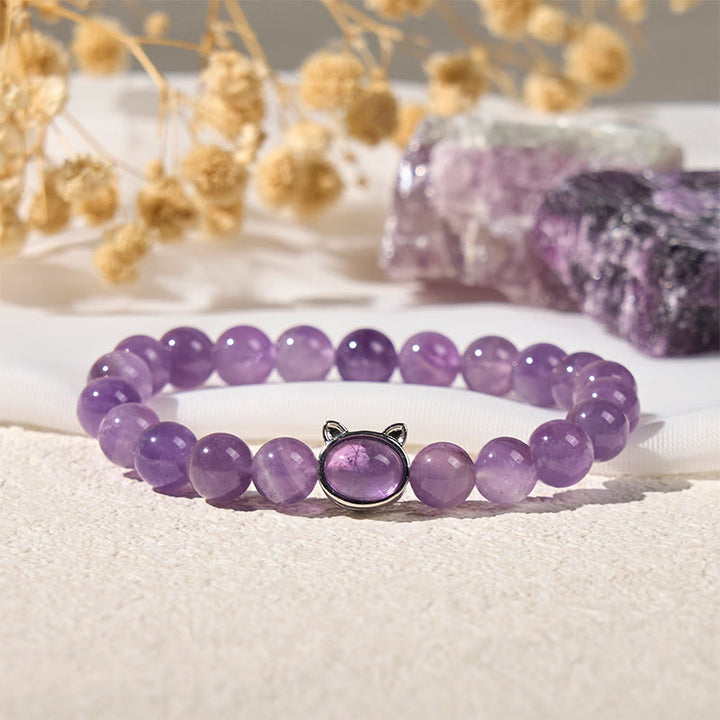Buddha Stones Natural Amethyst Bead Cute Cat Healing Bracelet - Amethyst(Wrist Circumference: 14-16cm) - image 0