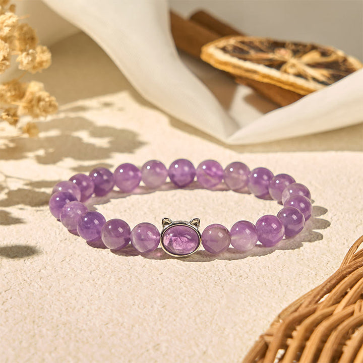 Buddha Stones Natural Amethyst Bead Cute Cat Healing Bracelet - image 3