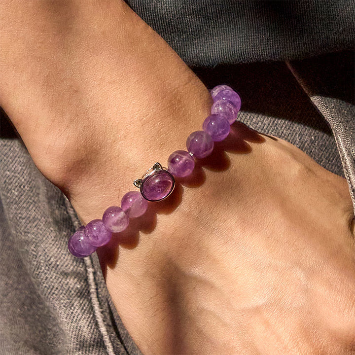 Buddha Stones Natural Amethyst Bead Cute Cat Healing Bracelet - image 5
