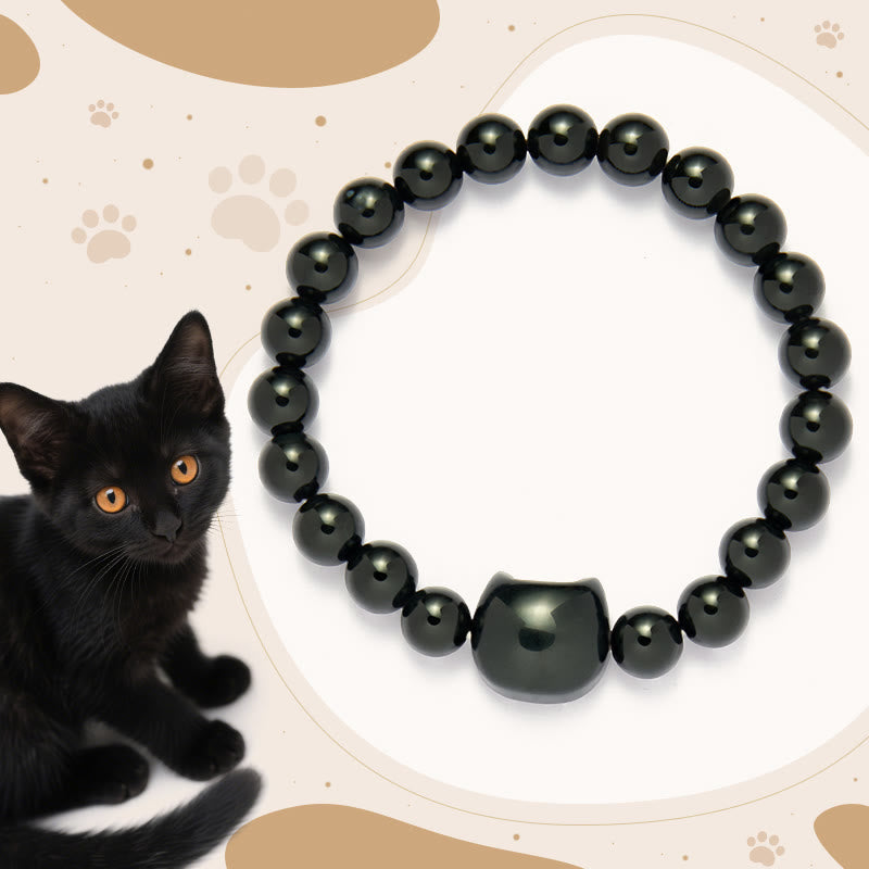 Buddha Stones Black Cat Natural Black Onyx Protection Bracelet - Black Onyx(Wrist Circumference: 14-16cm) - image 1