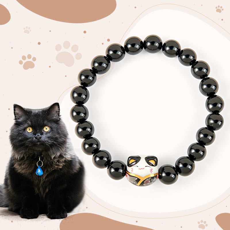 Buddha Stones Black Cat Natural Black Onyx Ceramic Kitten Fortune Bracelet - Black Onyx(Wrist Circumference: 15-16cm) - image 1
