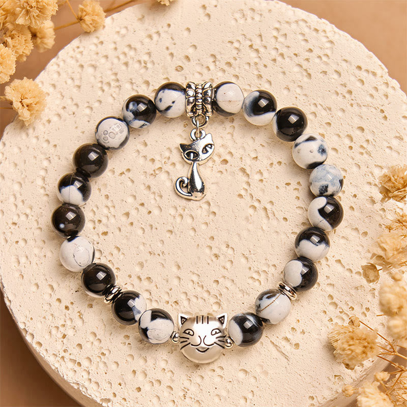 Buddha Stones Black and White Cat Fire Agate Bead Love Bracelet - image 2
