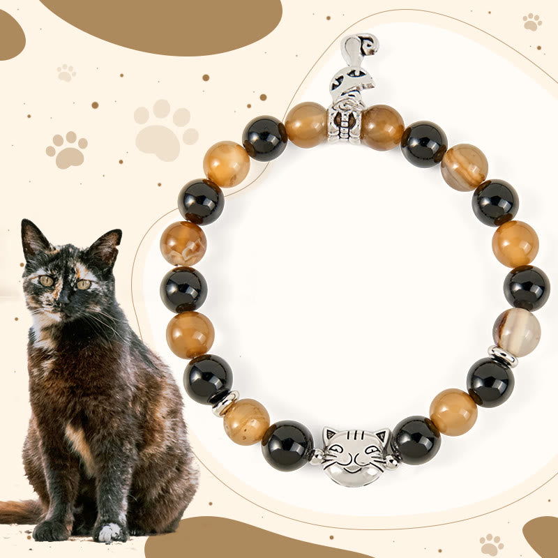 FREE Today: Protection and Support Handmade Save A Cat Light Brown Striped Agate Black Onyx Bracelet - Tortoiseshell Cat(Wrist Circumference 15-16cm) - image 0
