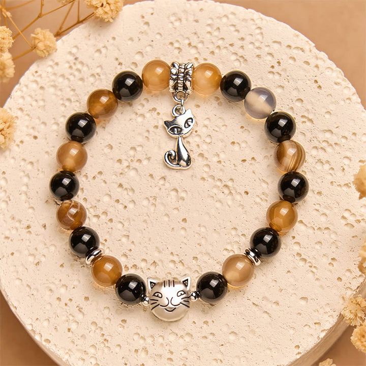 FREE Today: Protection and Support Handmade Save A Cat Light Brown Striped Agate Black Onyx Bracelet - image 1