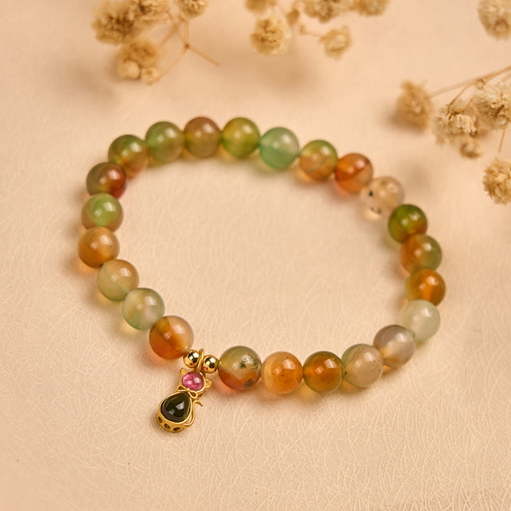 Buddha Stones 925 Sterling Silver Tourmaline Cat Natural Peacock Agate Courage Bracelet - image 2