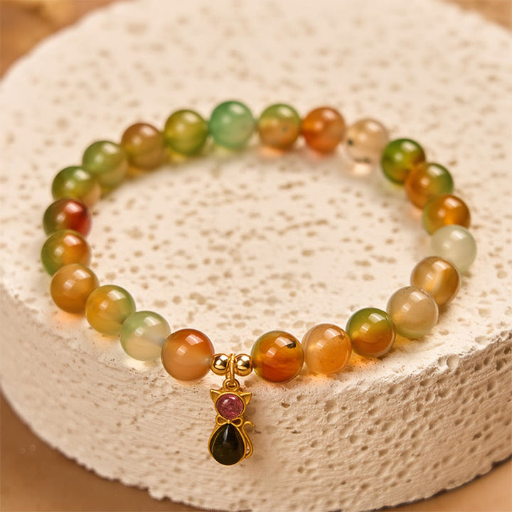 Buddha Stones 925 Sterling Silver Tourmaline Cat Natural Peacock Agate Courage Bracelet - image 1