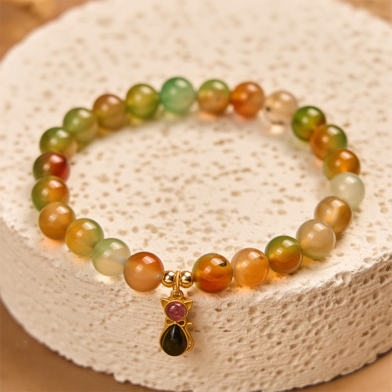 Buddha Stones 925 Sterling Silver Tourmaline Cat Natural Peacock Agate Courage Bracelet - image 2