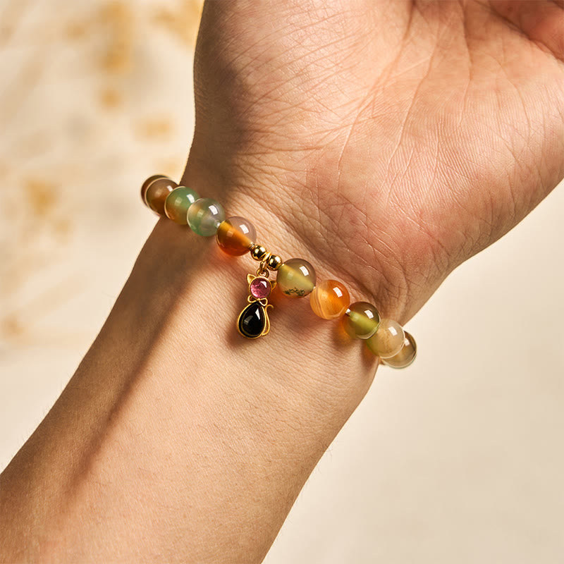 Buddha Stones 925 Sterling Silver Tourmaline Cat Natural Peacock Agate Courage Bracelet - image 3