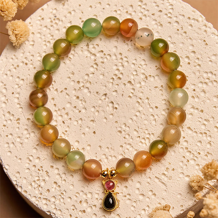Buddha Stones 925 Sterling Silver Tourmaline Cat Natural Peacock Agate Courage Bracelet - Peacock Agate(Wrist Circumference 15-16cm) - image 0