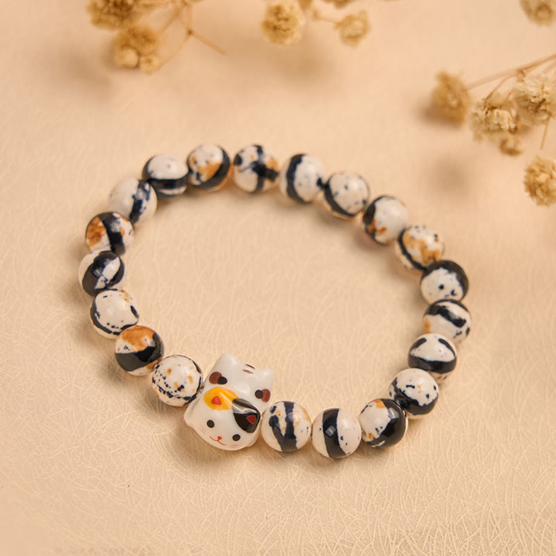 Buddha Stones Calico Cat Natural Stone Ceramic Kitten Head Strength Bracelet - image 3