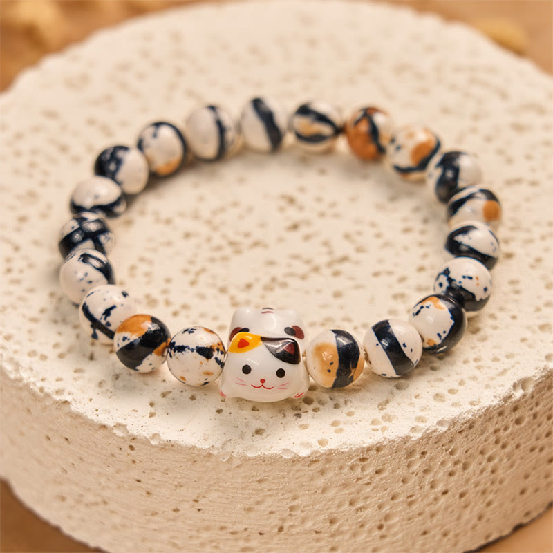 Buddha Stones Calico Cat Natural Stone Ceramic Kitten Head Strength Bracelet - image 2