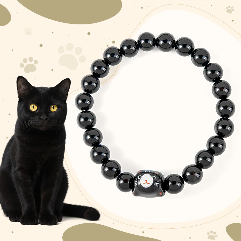 FREE Today: Fortune and Support Natural Handmade Save A Cat Black Onyx Ceramic Kitten Bracelet - Black Cat(Wrist Circumference 15-16cm) - image 0