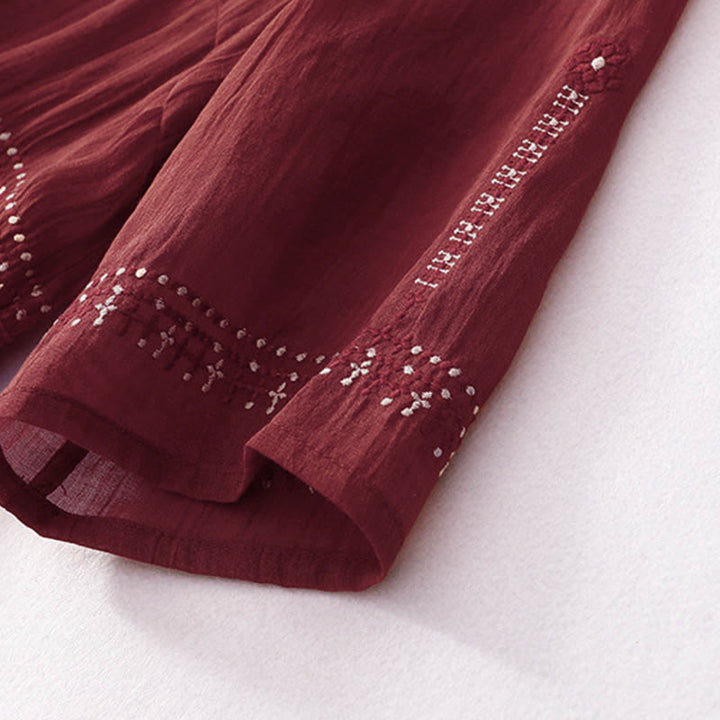 Buddha Stones Solid Color Embroidery Short Sleeve Cotton Midi Dress - image 23