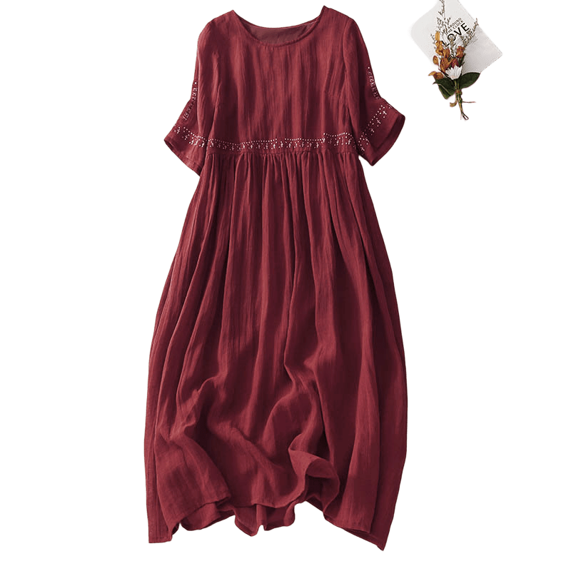 Buddha Stones Solid Color Embroidery Short Sleeve Cotton Midi Dress - image 21