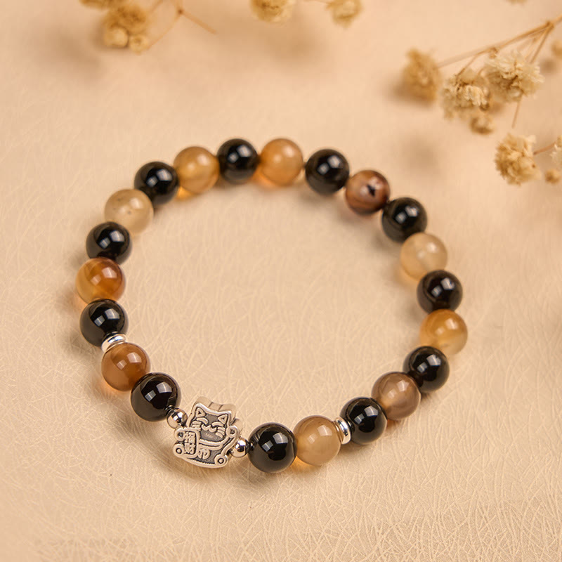 Buddha Stones 925 Sterling Silver Tortoiseshell Cat Light Brown Striped Agate Black Onyx Bracelet - image 1