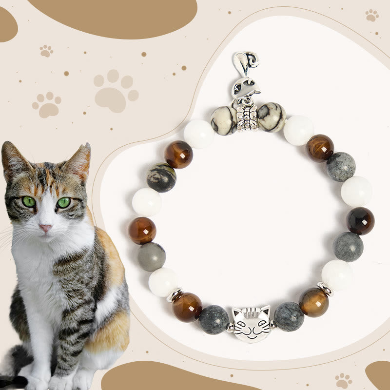 Buddha Stones Tricolor Cat Black Veined Jasper Brown Striped Agate Chalcedony Strength Bracelet - Tricolor Cat(Wrist Circumference 15-16cm) - image 0
