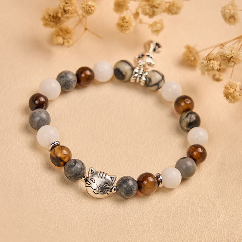 Buddha Stones Tricolor Cat Black Veined Jasper Brown Striped Agate Chalcedony Strength Bracelet - image 1