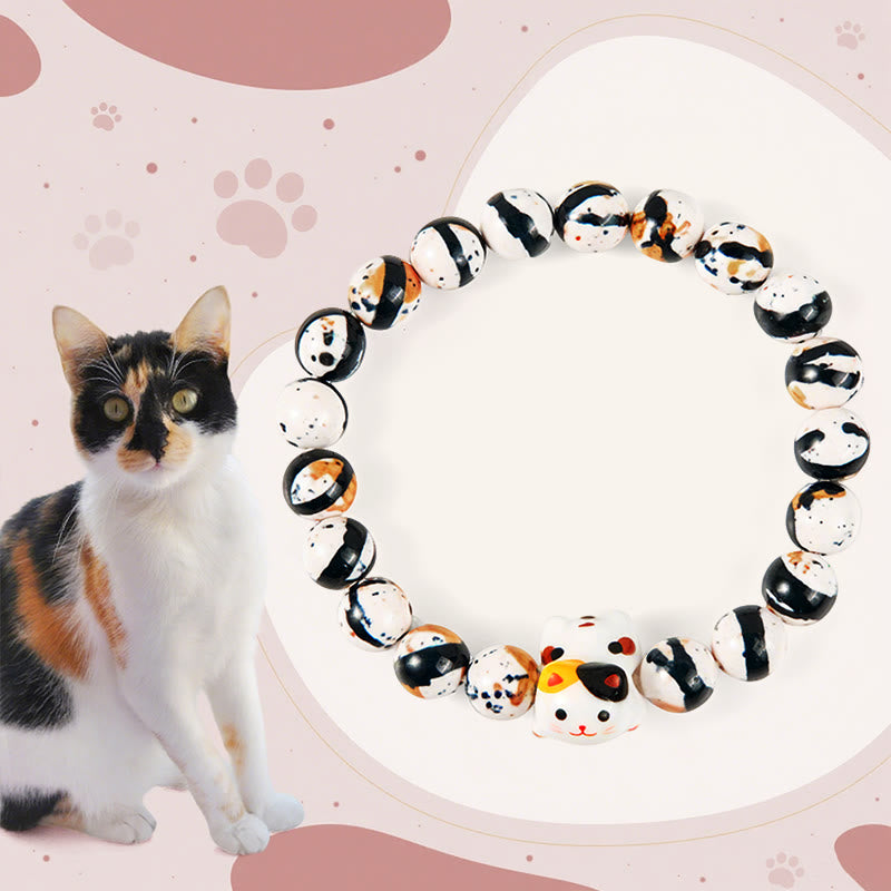 Buddha Stones Calico Cat Natural Stone Ceramic Kitten Head Strength Bracelet - Calico Cat(Wrist Circumference 15-16cm) - image 0