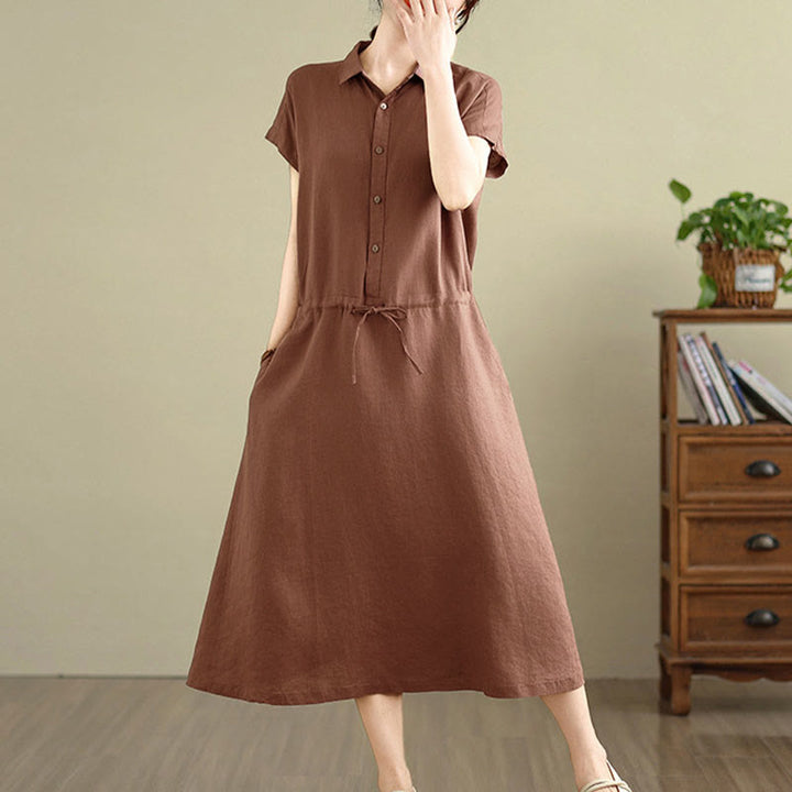 Buddha Stones Summer Plain Single Breasted Drawstring Cotton Linen Midi Dress With Pockets - image 6
