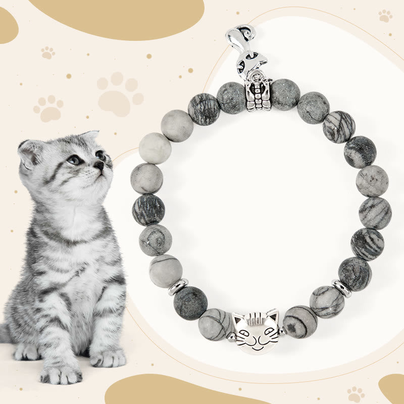 Buddha Stones Grey Tabby Cat Natural Black Veined Jasper Strength Bracelet - Grey Tabby Cat(Wrist Circumference 15-16cm) - image 1