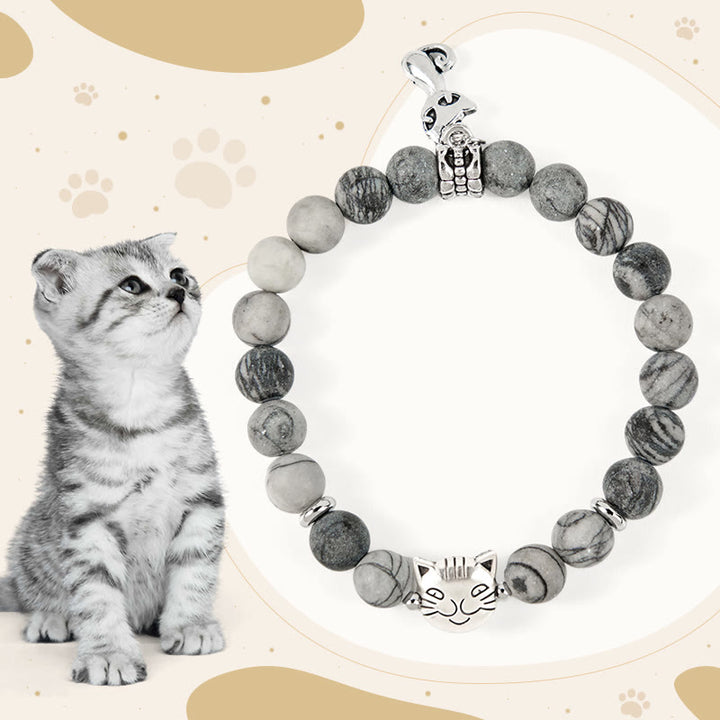 Buddha Stones Grey Tabby Cat Natural Black Veined Jasper Strength Bracelet - Grey Tabby Cat(Wrist Circumference 15-16cm) - image 1