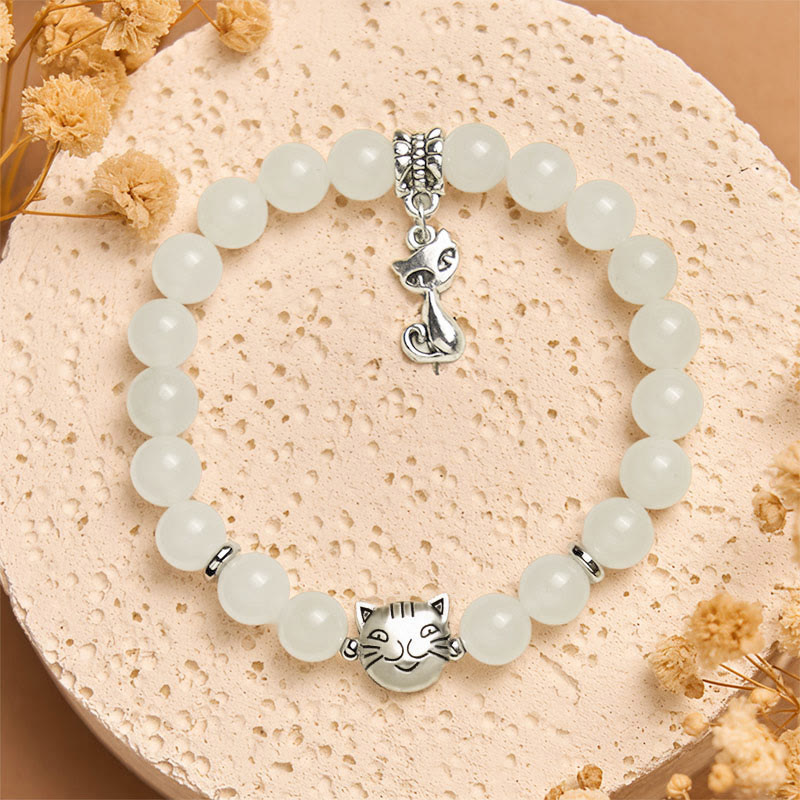 Buddha Stones White Cat White Jade Luck Blessing Bracelet - image 2
