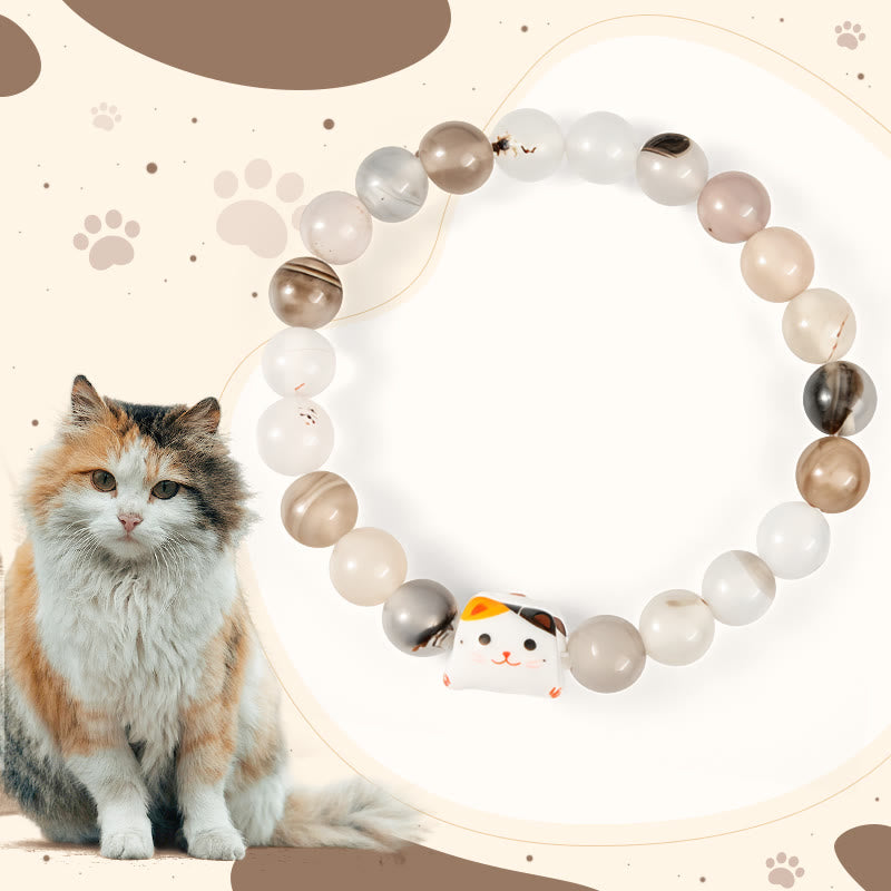Buddha Stones Calico Cat Natural Agate Stone Ceramic Kitten Head Power Bracelet - Calico Cat(Wrist Circumference 15-16cm) - image 1