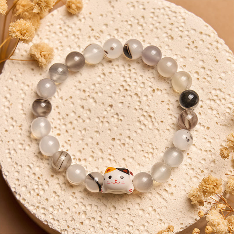 Buddha Stones Calico Cat Natural Agate Stone Ceramic Kitten Head Power Bracelet - image 2