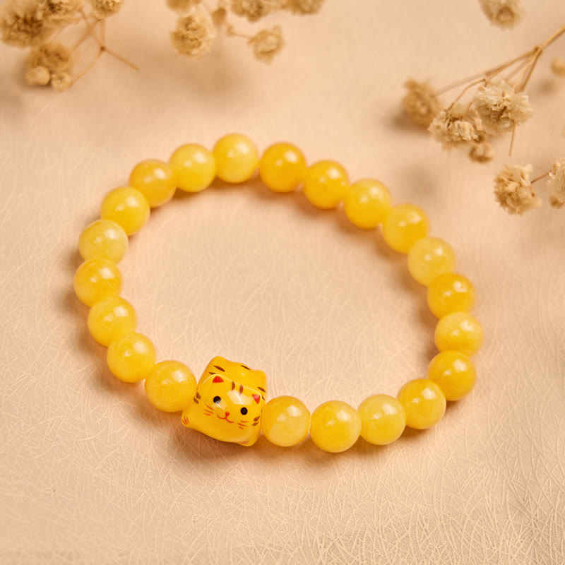 Buddha Stones Orange Tabby Cat Yellow Chalcedony Ceramic Kitten Joy Bracelet - image 2