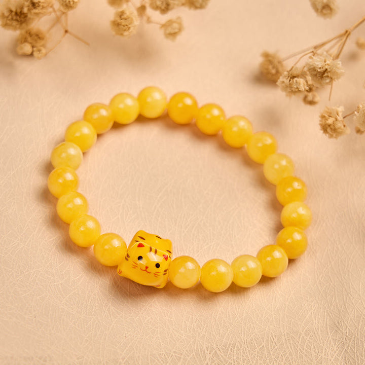 Buddha Stones Orange Tabby Cat Yellow Chalcedony Ceramic Kitten Joy Bracelet - image 2
