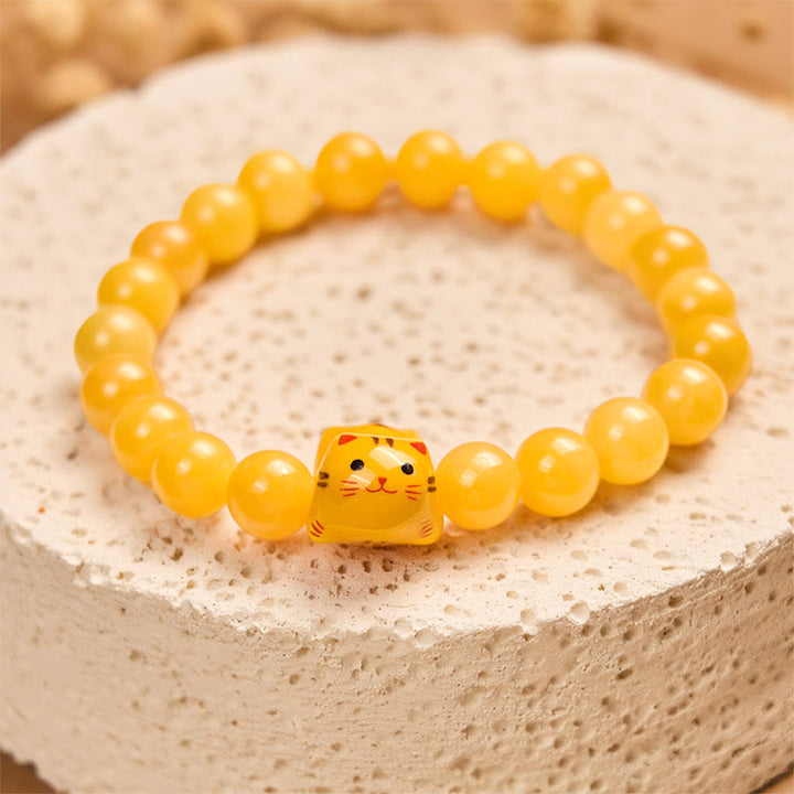 Buddha Stones Orange Tabby Cat Yellow Chalcedony Ceramic Kitten Joy Bracelet - image 4