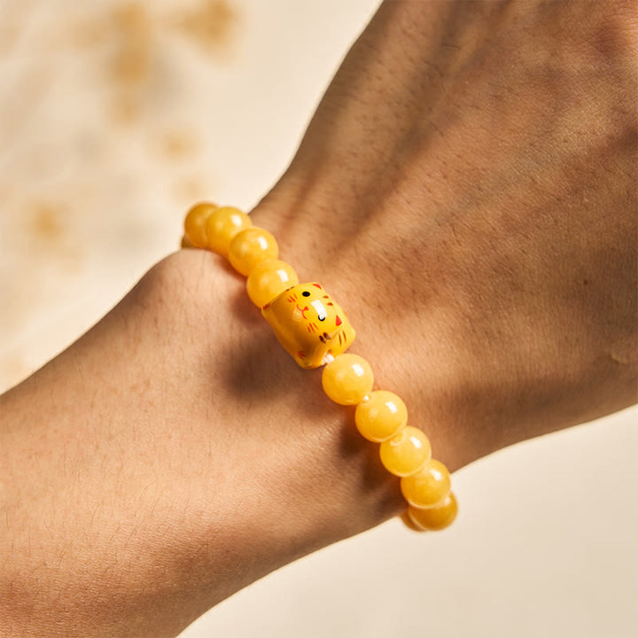 Buddha Stones Orange Tabby Cat Yellow Chalcedony Ceramic Kitten Joy Bracelet - image 5