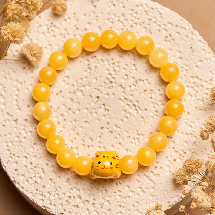 Buddha Stones Orange Tabby Cat Yellow Chalcedony Ceramic Kitten Joy Bracelet - image 3