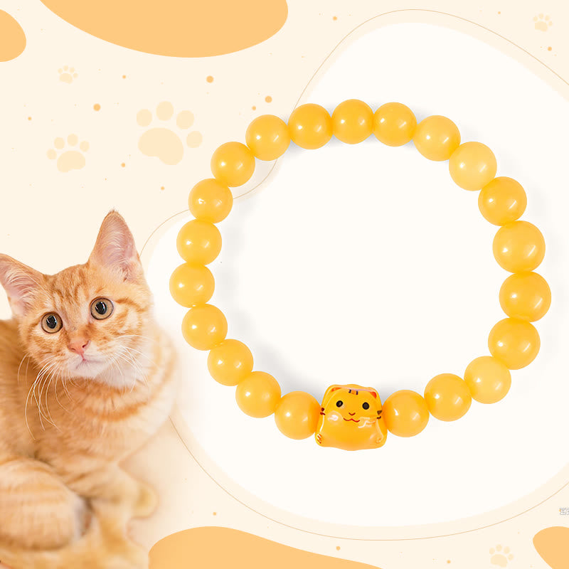 Buddha Stones Orange Tabby Cat Yellow Chalcedony Ceramic Kitten Joy Bracelet - Orange Tabby Cat(Wrist Circumference 15-16cm) - image 1