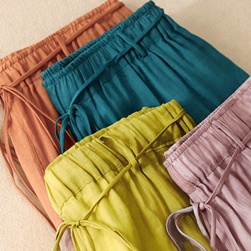 Buddha Stones Simple Design Drawstring Cotton Women's Wide Leg Pants With Pockets - image 7