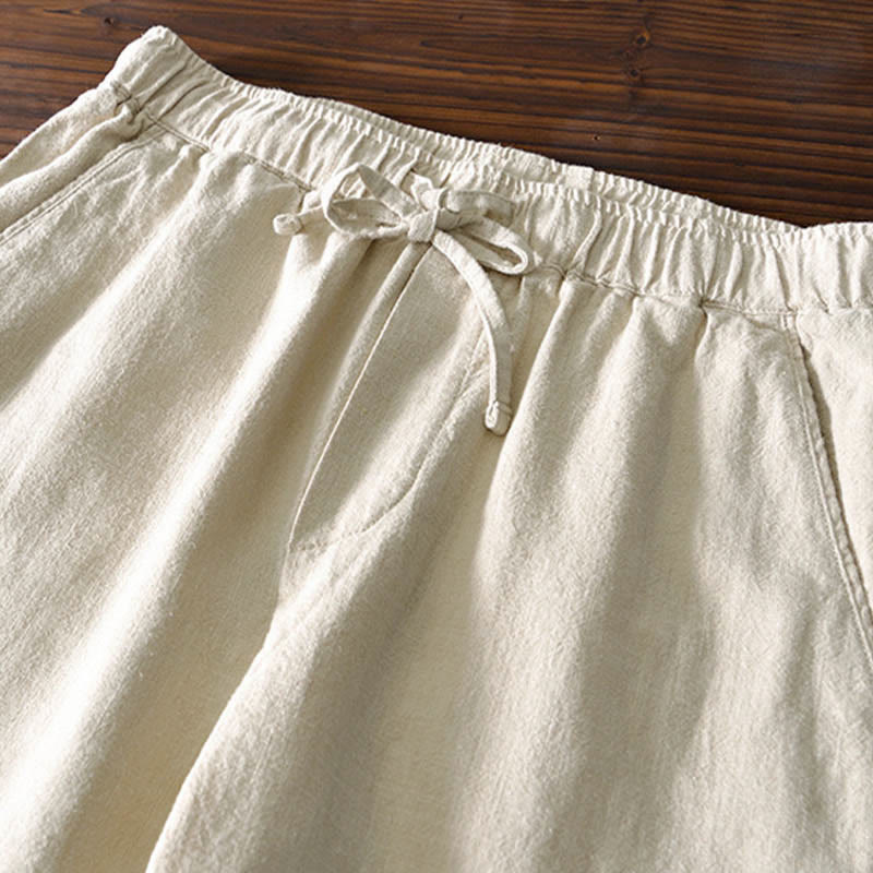Buddha Stones Casual Solid Color Simple Design Drawstring Ramie Linen Men's Pants With Pockets - image 1
