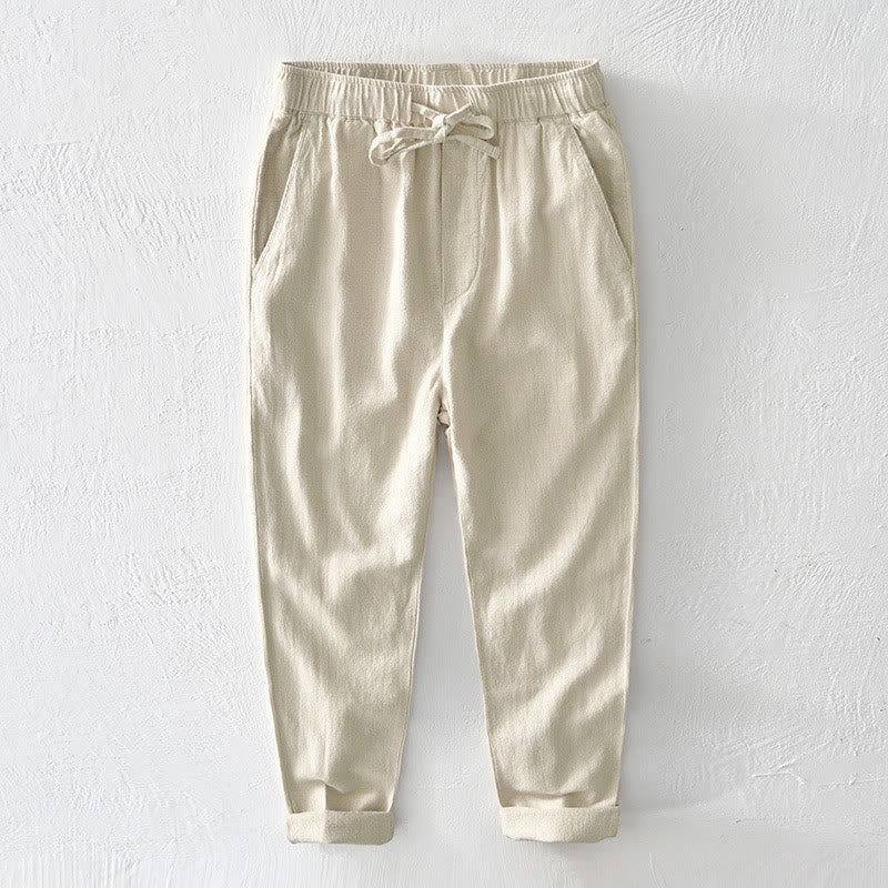 Buddha Stones Casual Solid Color Simple Design Drawstring Ramie Linen Men's Pants With Pockets - LightGoldenrodYellow - US/UK/AU44，EU54 (4XL) - image 0